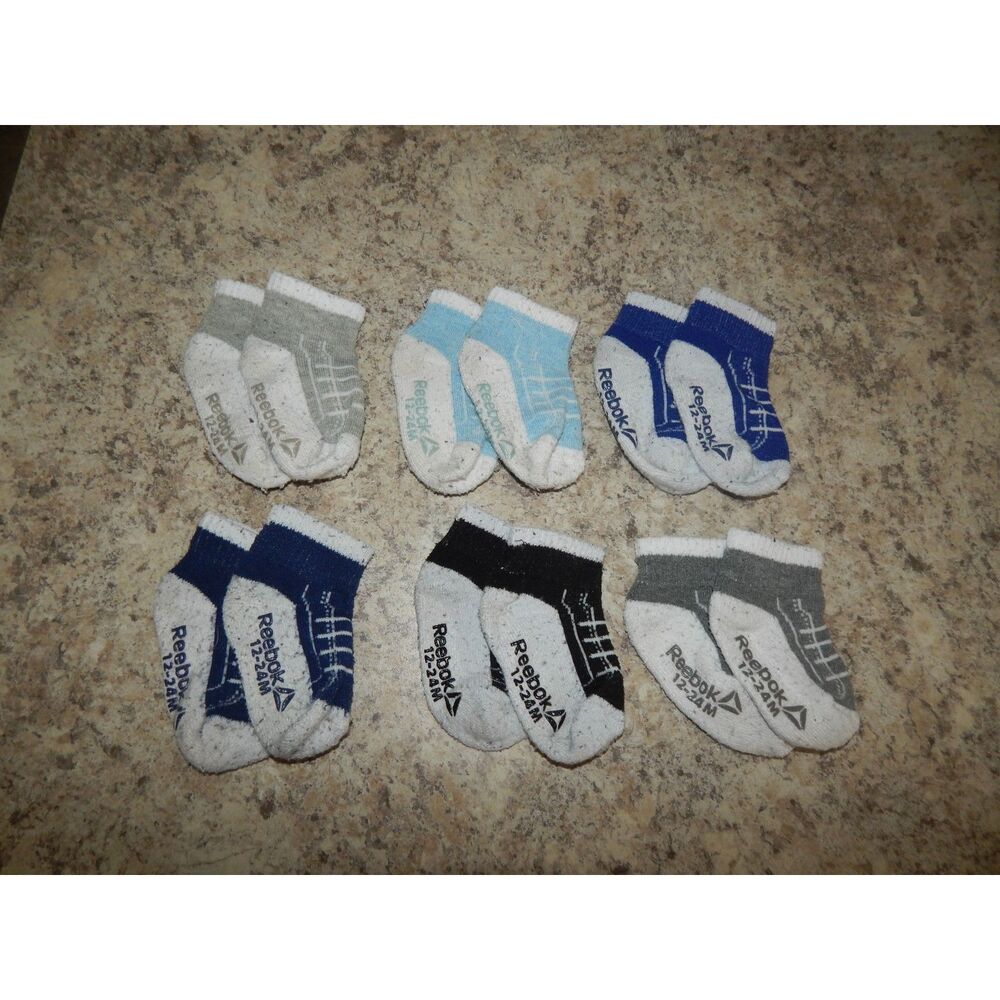 Reebok Baby Toddler Socks 6 Pair Bundle 12-24M Cushioned Gray Blue Navy Black